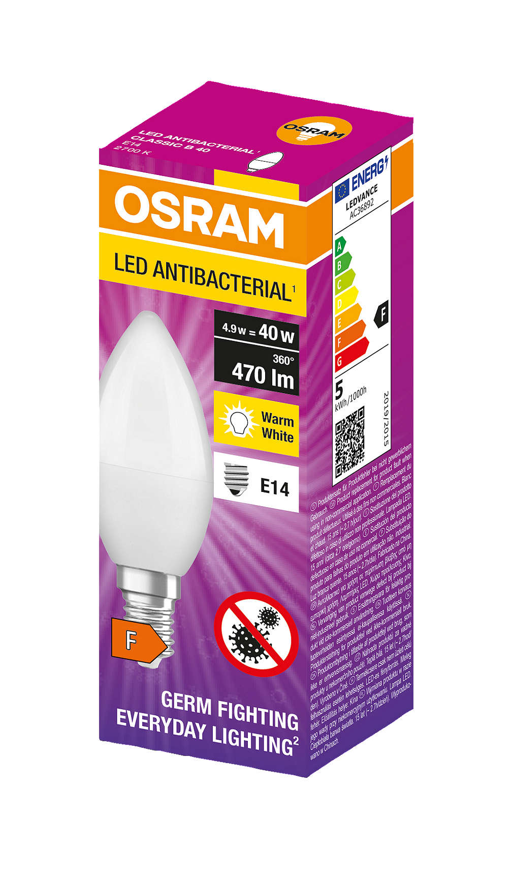 Изображение за продукта OSRAM LED антибактериална лампа 9 W, E14