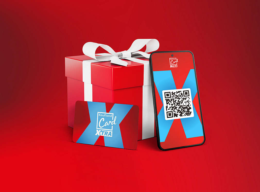 šedá ikona s dárkovou krabicí, mobilním telefonem a Kaufland Card XTRA
