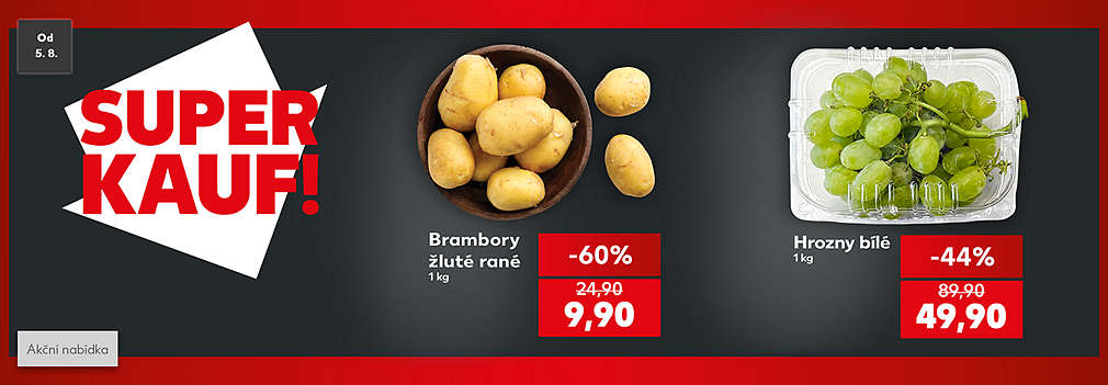 Superkauf nabídka: Brambory žluté rané 1 kg se slevou -60 % za 9,90 Kč a Hrozny bílé 1 kg se slevou -44 % za 49,90 Kč
