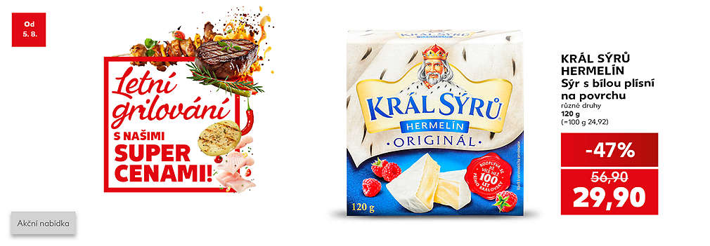 Král sýrů Hermelín Sýr s bílou plísní na povrchu různé druhy 120 g se slevou -47 % za 29,90 Kč