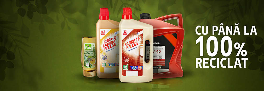 Diverse produse marcă proprie ale căror ambalaje constau din material reciclat în proporție de până la 100%