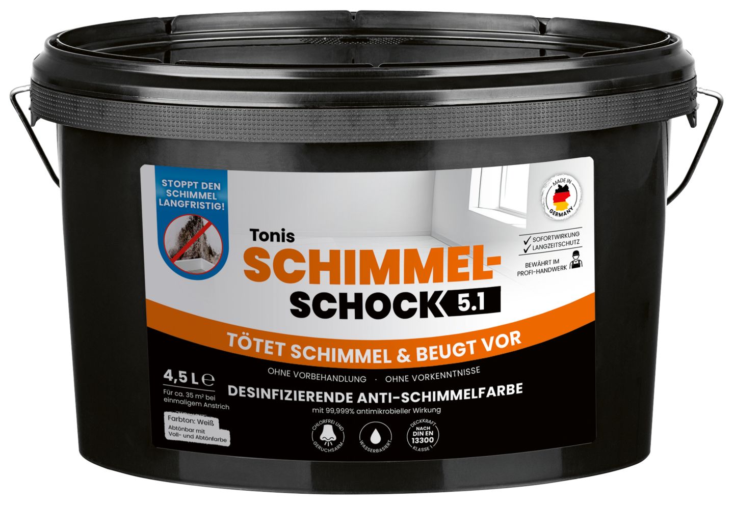 TONIS SCHIMMELSCHOCK 5.1 Anti-Schimmel-Farbe Weiß 4,5-l-Eimer