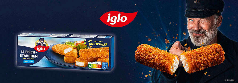 Werbebanner für iglo Werbebanner auf dunklem, blauem Hintergrund mit strahlendem Lichteffekt. Käpt’n iglo zwinkert und zeigt auf ein zerbrochenes Fischstäbchen. Links steht eine Packung mit der Aufschrift „iglo 15 FISCHSTÄBCHEN – DAS ORIGINAL – 100% FILET“ und dem Hinweis „JETZT NOCH KNUSPRIGER“.