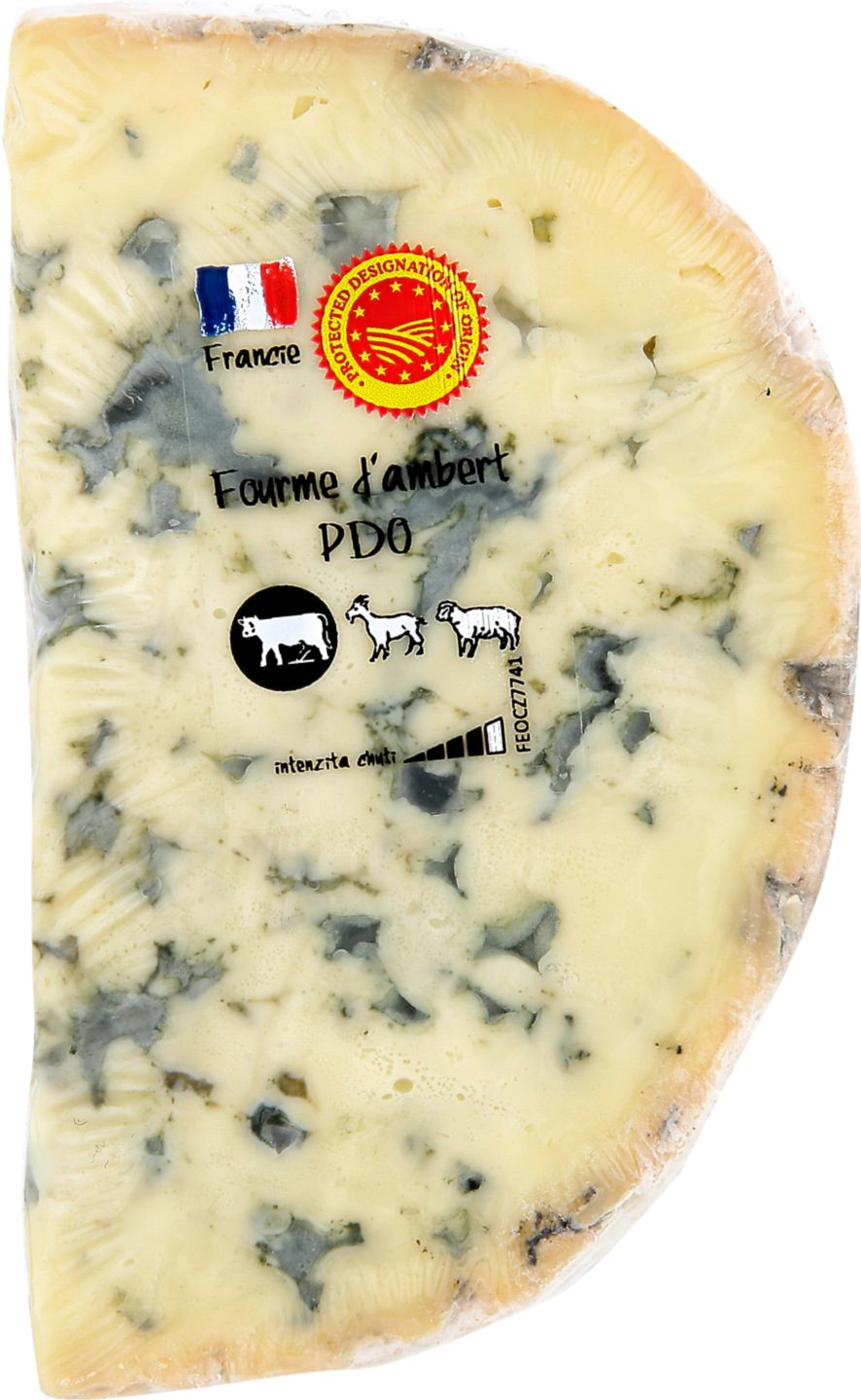 Fourme d'Ambert DOP sýr s modrou plísní
uvnitř hmoty