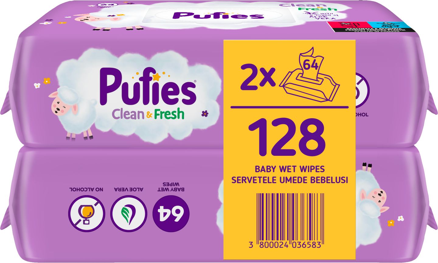 Изображение на Pufies бебешки влажни кърпи
различни видове, 2 х 64бр.