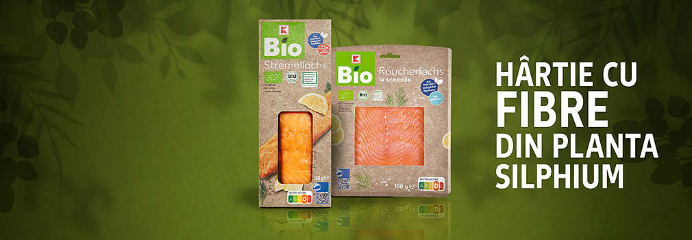 Două produse K-Bio în care ambalajul este realizat din fibre provenite de la fabrica de silfiu.