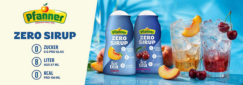 Pfanner Zero Sirup in den Sorten Peach & Wildberry mit 0 g Zucker pro Glas und 0 KCAL pro 100ml