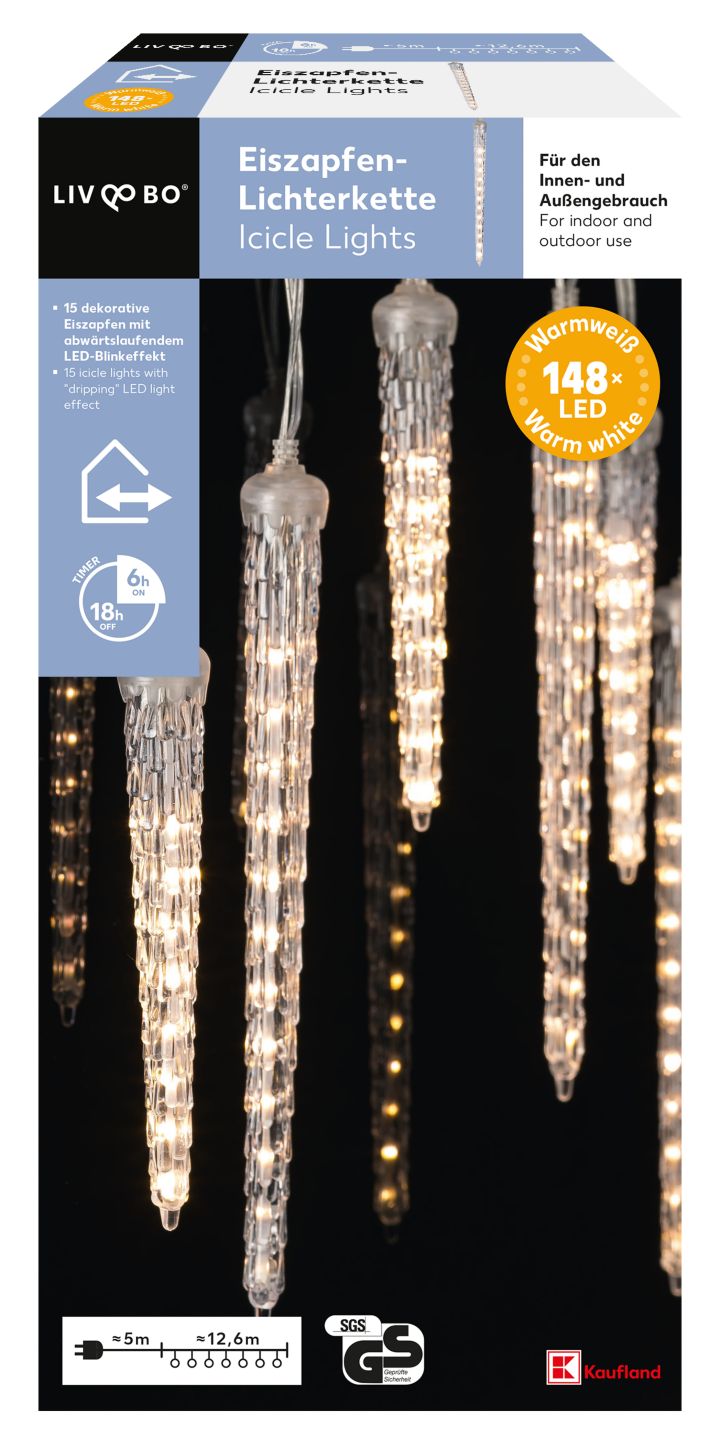 LIV&BO® LED-Eiszapfen-Lichterkette mit 148 warmweißen LEDs