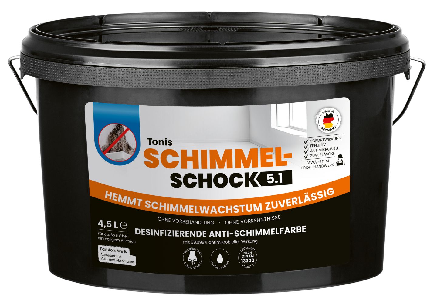 TONIS SCHIMMELSCHOCK 5.1 Anti-Schimmel-Farbe Weiß 4,5-l-Eimer