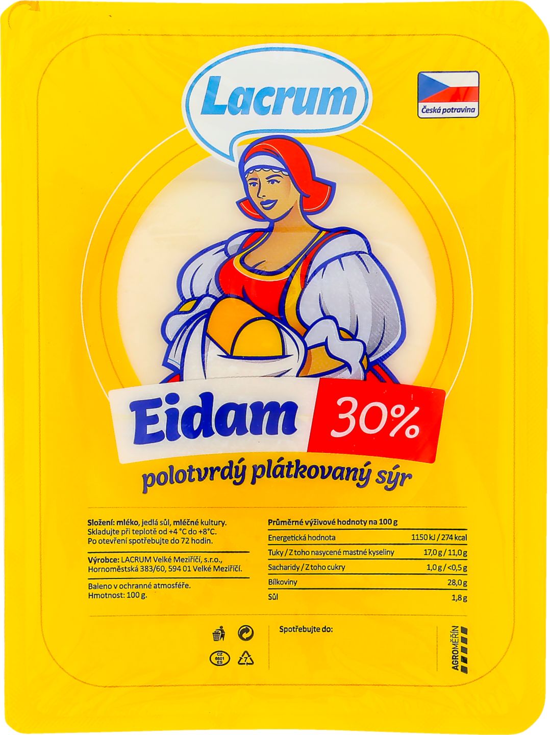 LACRUM Eidam 30%
Polotvrdý plátkový sýr