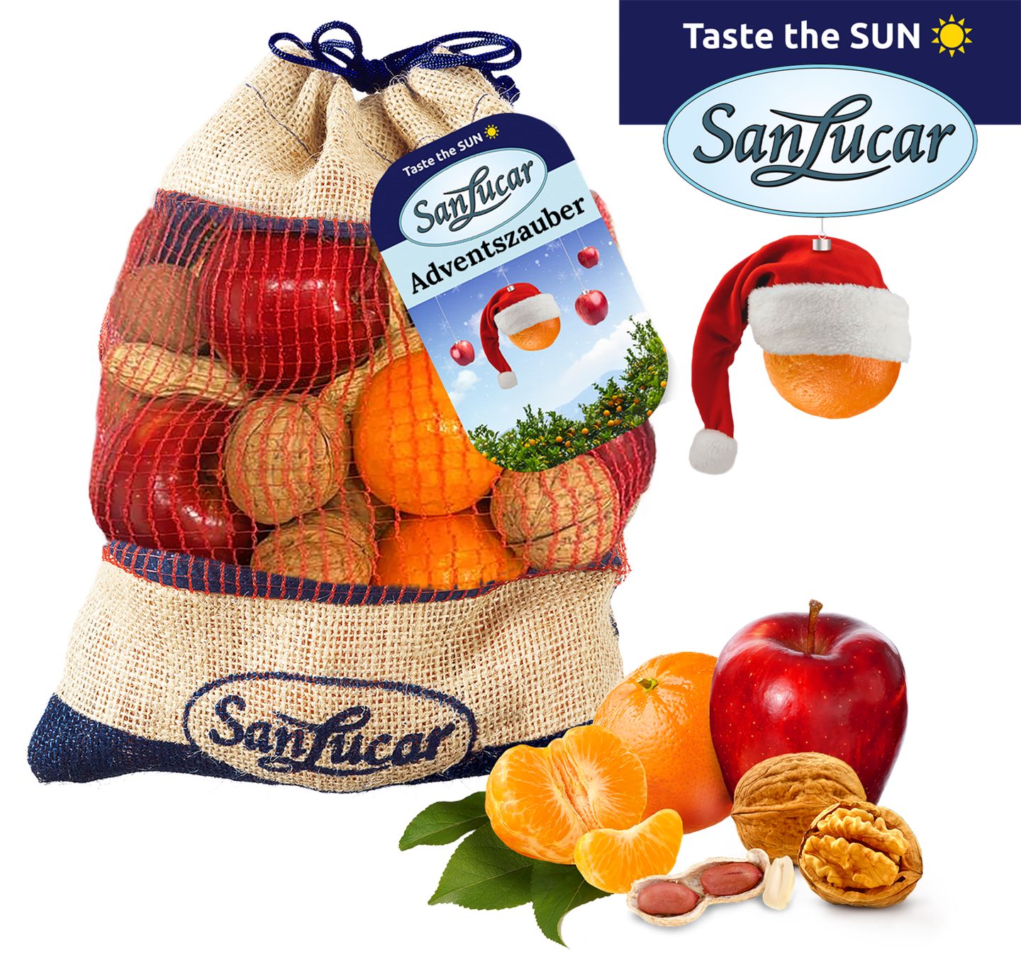 Adventszauber, Jutebeutel mit Äpfel, Clementinen und versch. Nüsse