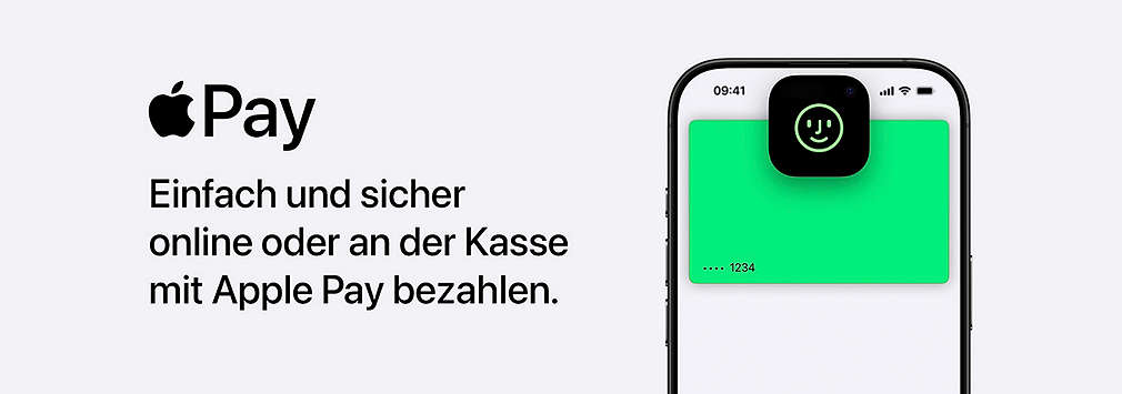 Schriftzug: Einfach und sicher online oder an der Kasse mit Apple Pay bezahlen.; Logo: Apple Pay; Abbildung: Smartphone mit Apple Pay.