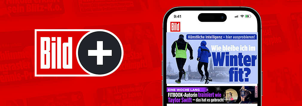 Abbildung: Handy mit BILDplus Screenshot zeigt Artikel "Wie bleibe ich im Winter fit?; Logo: BILDplus
