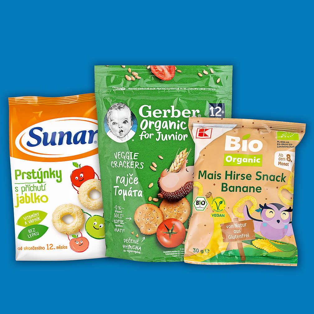 Sleva 30 % za 50 bodů na různé druhy baby křupek, sušenek a krekrů značek Sunar, Gerber a K-Bio s modrým pozadím