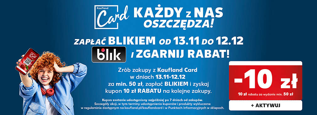 Dziewczyna trzymająca się za głowę, informacja o akcji przy płaceniu Blikiem z Kaufland Card