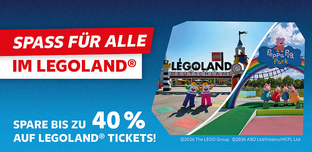 Spass für alle im Legoland®; Schriftzug: Spare bis zu 40 % auf Legoland® Tickets!