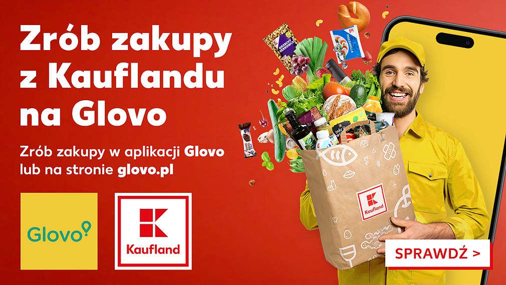Glovo i Kaufland + kurier na tle żółtego telefonu