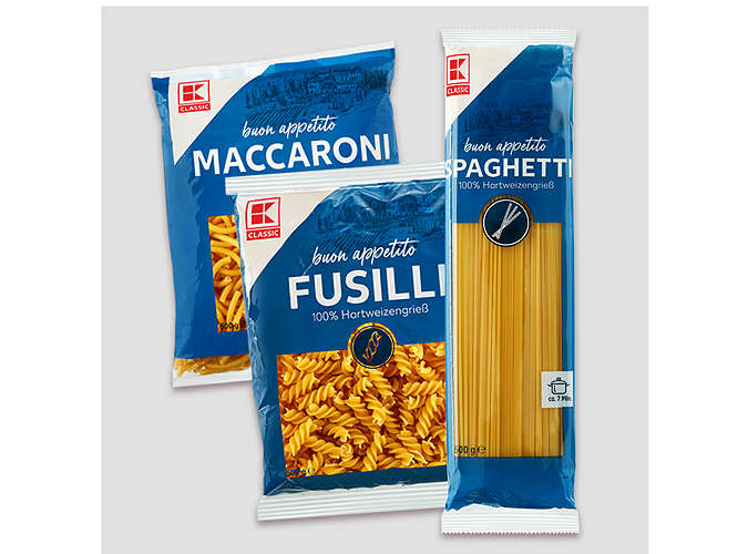 K-Classic bezvaječné těstoviny, špagety, fusilli, masccaroni