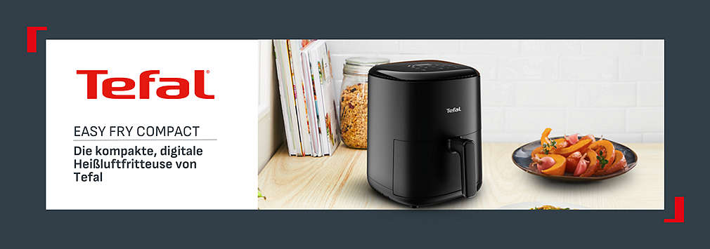 Schriftzug: TEFAL Easy fry compact, Die kompakte, digitale Heißluftfritteuse von TEFAL; Abbildung: TEFAL Easy Fry Compact