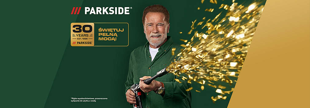 Logo 30 lat marki Parkside, Arnold strzela złotym konfetti z myjki wysokociśnieniowym