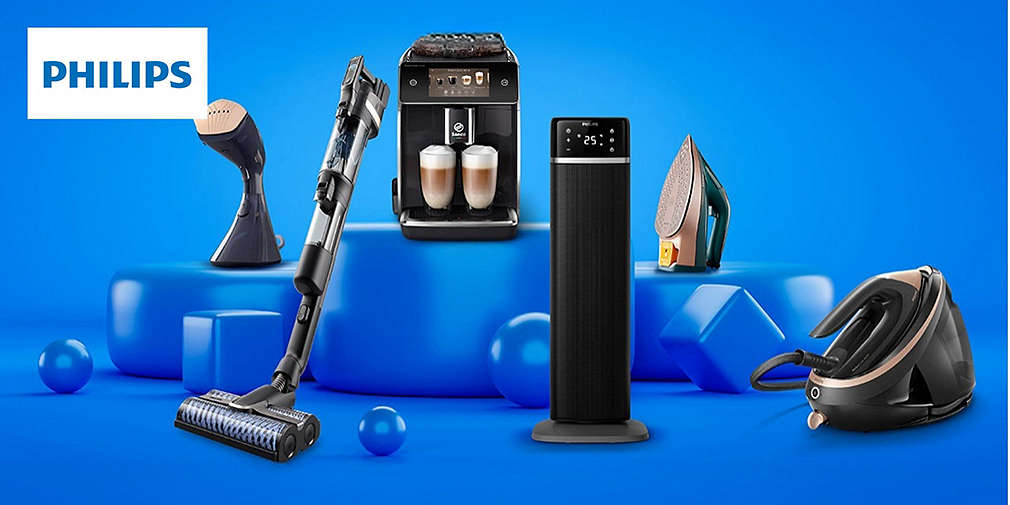 Kolaż produktów AGD Philips: ekspres do kawy, żelazko, odkurzacz