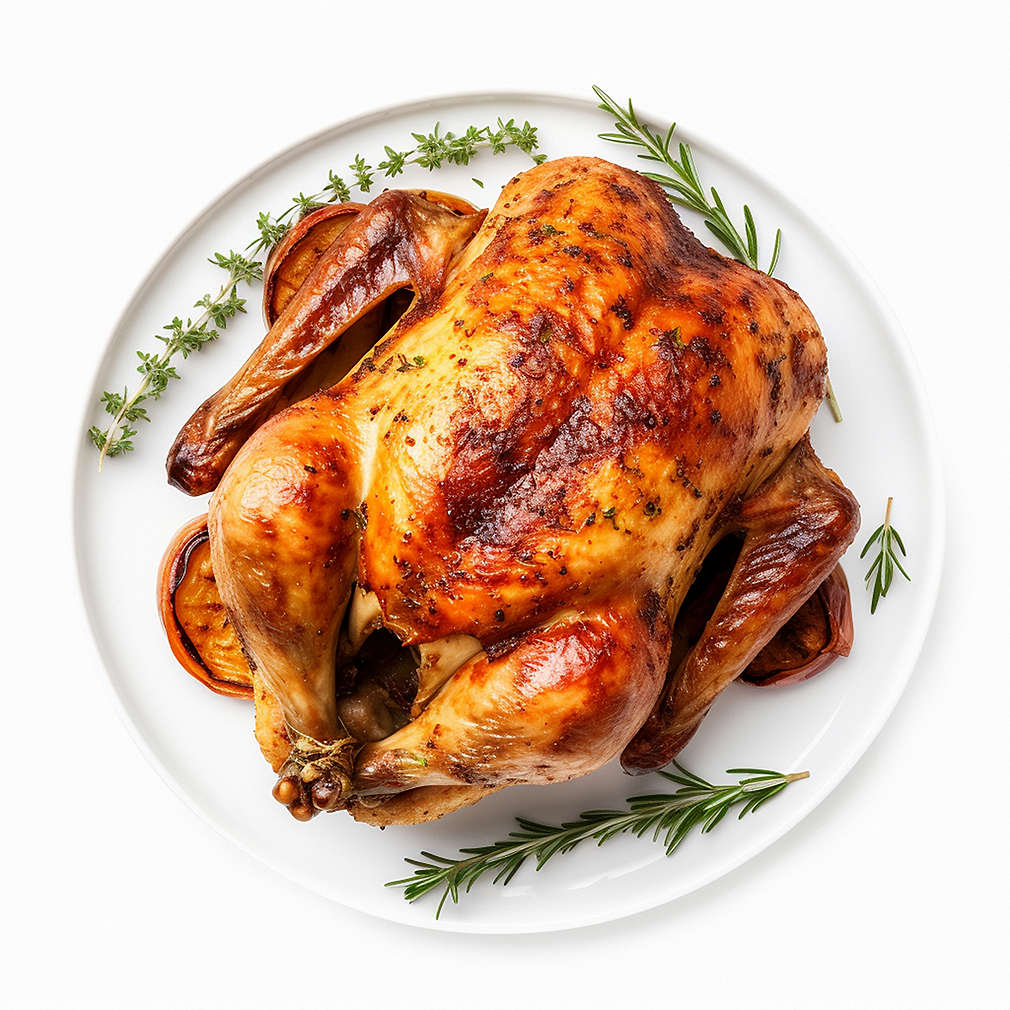 roasted chicken on isolated white background top view
