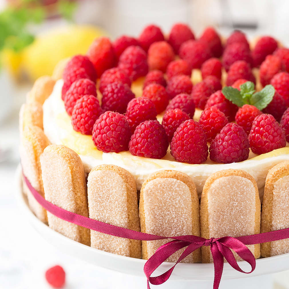 Raspberry tiramisu with lemon curd decorated red bow