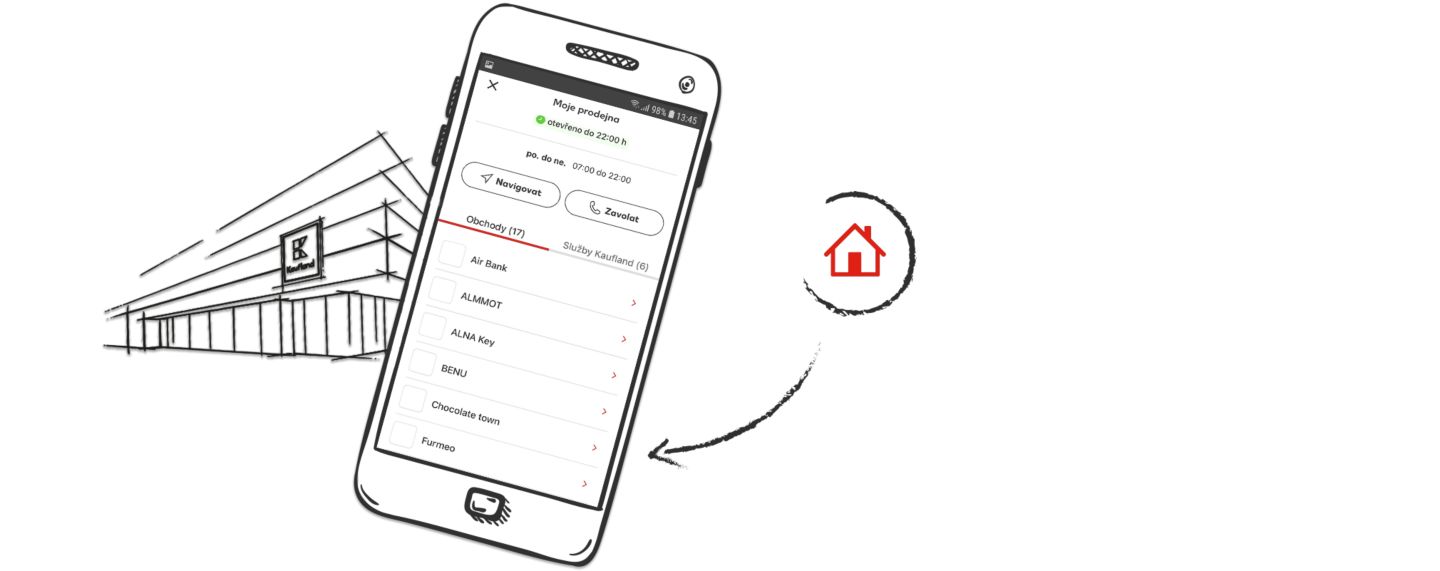 Mobilní aplikace Kaufland a v ní seznam obchodů na prodejně