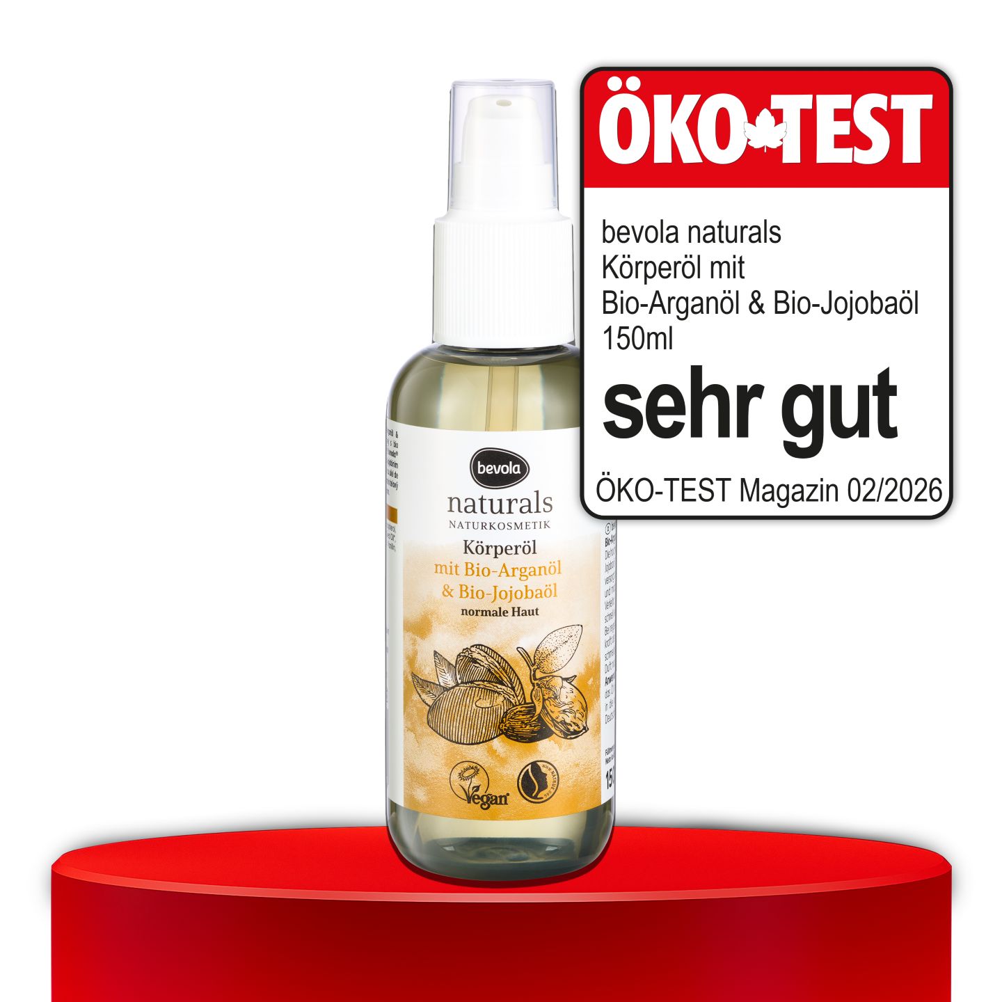 ÖKO-TEST, sehr gut, BEVOLA® NATURALS Körperöl mit Bio- Arganöl & Bio- Jojobaöl, 150 ml