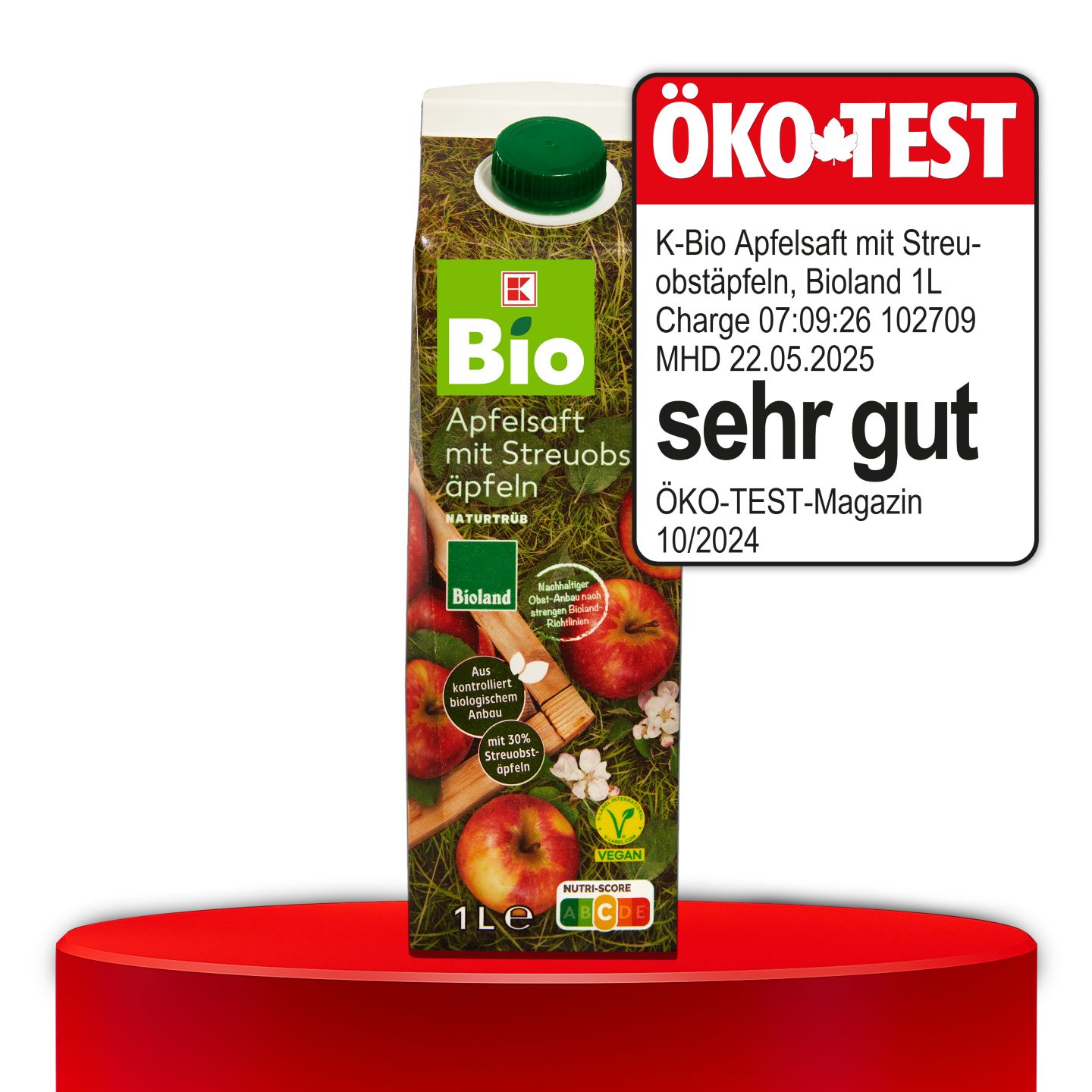 ÖKO-TEST, sehr gut, K-BIO Bioland Apfelsaft mit Streuobstäpfeln, 1 l