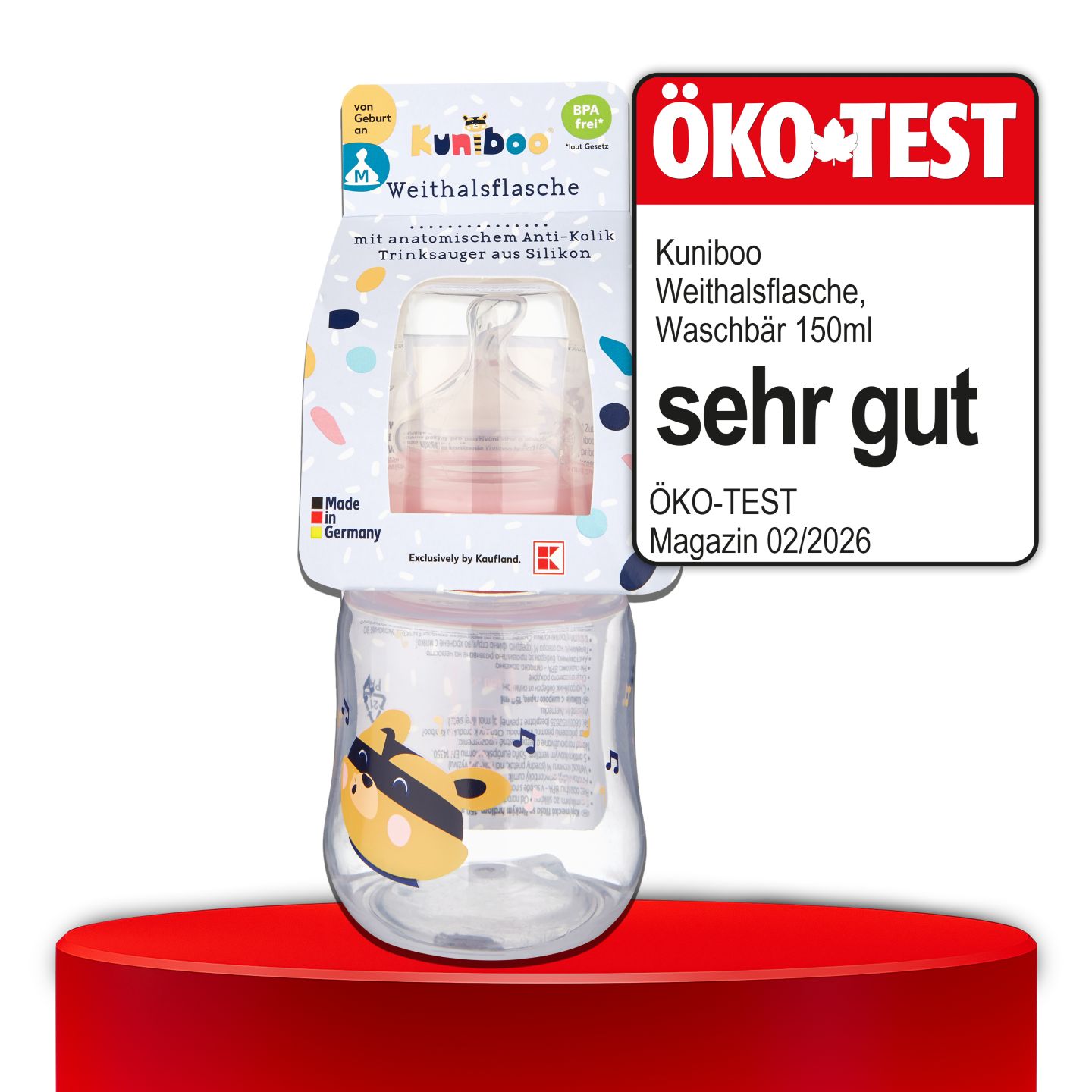 ÖKO-TEST, sehr gut, KUNIBOO® Weithalsflasche, Waschbär, 150 ml