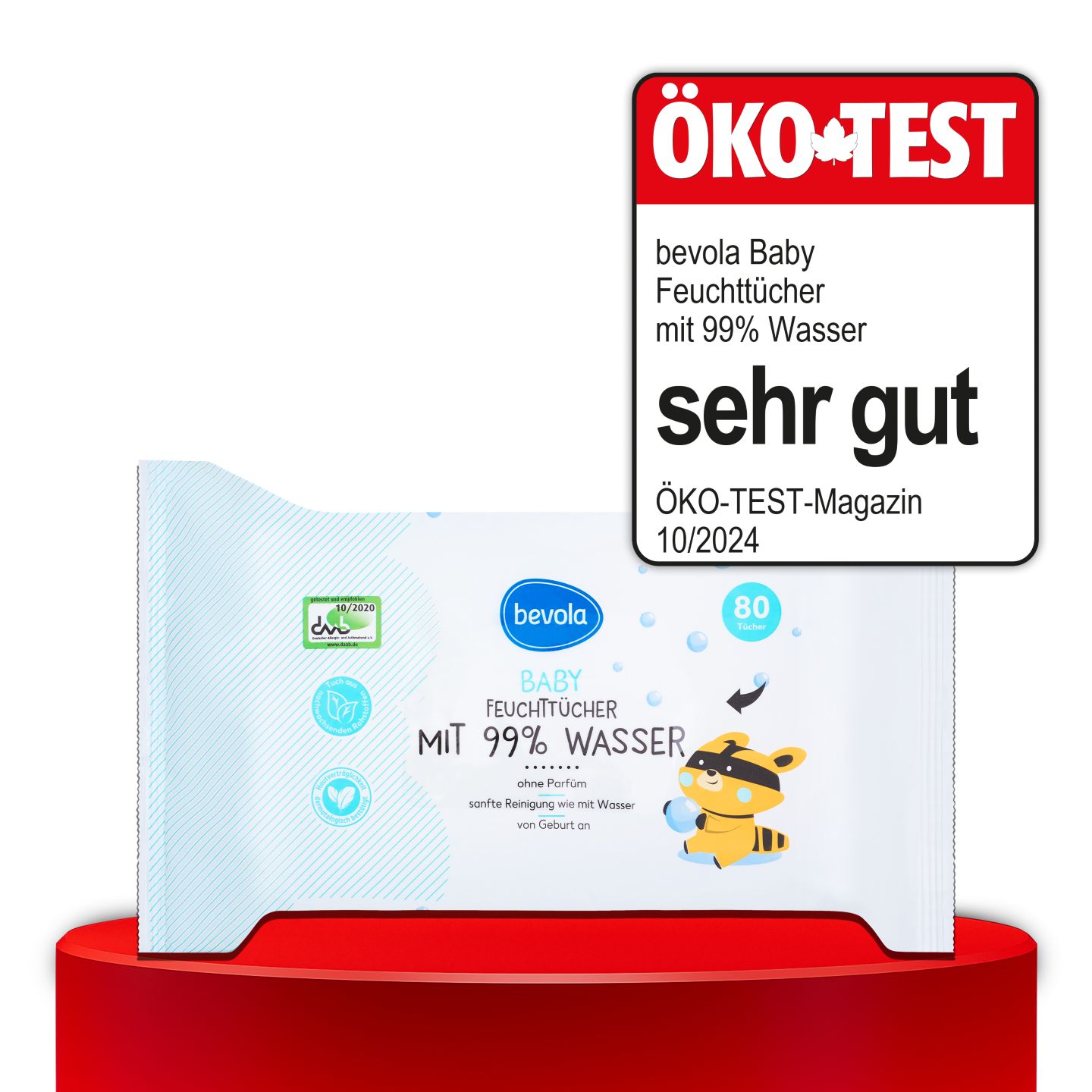 ÖKO-TEST, sehr gut, BEVOLA® BABY Feuchttücher mit 99 % Wasser, 80 St.