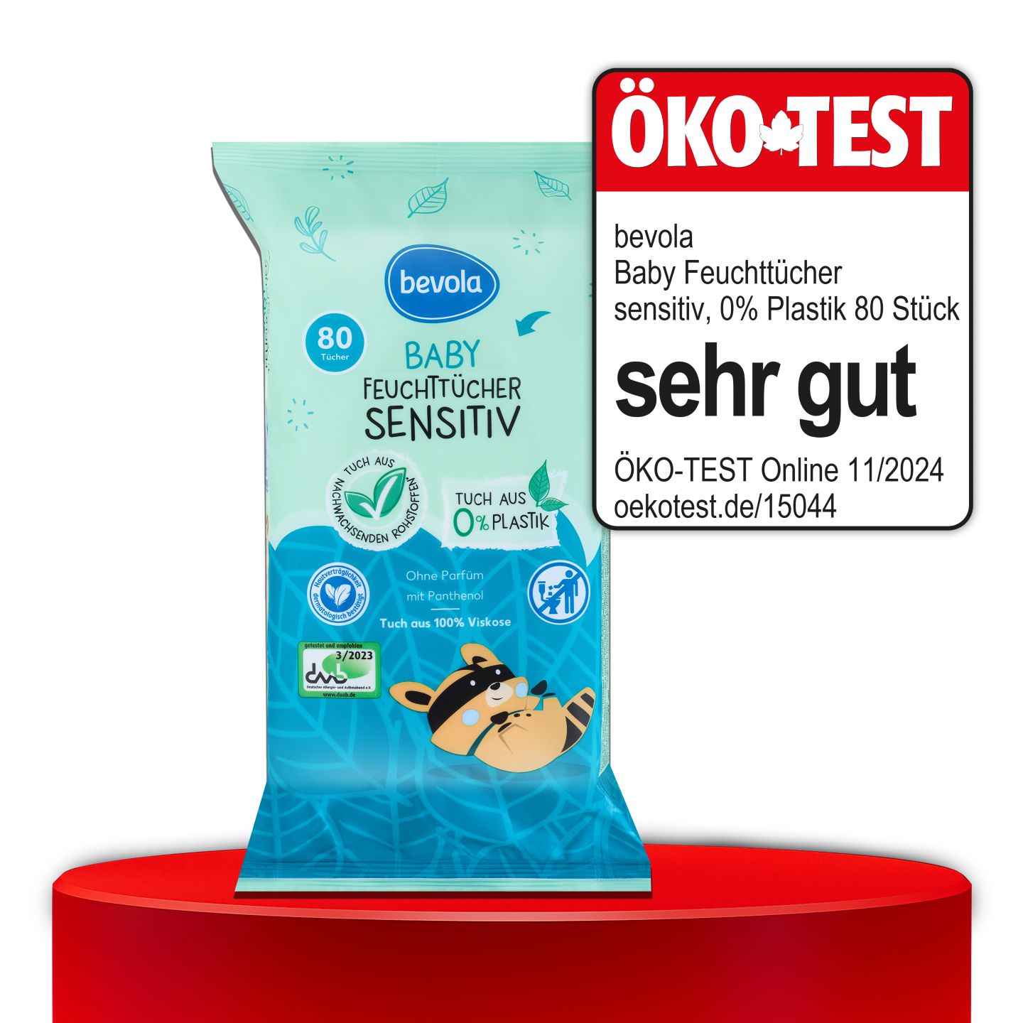 ÖKO-TEST, sehr gut, BEVOLA® BABY Feuchttücher Sensitiv 0 % Plastik, 80 St.