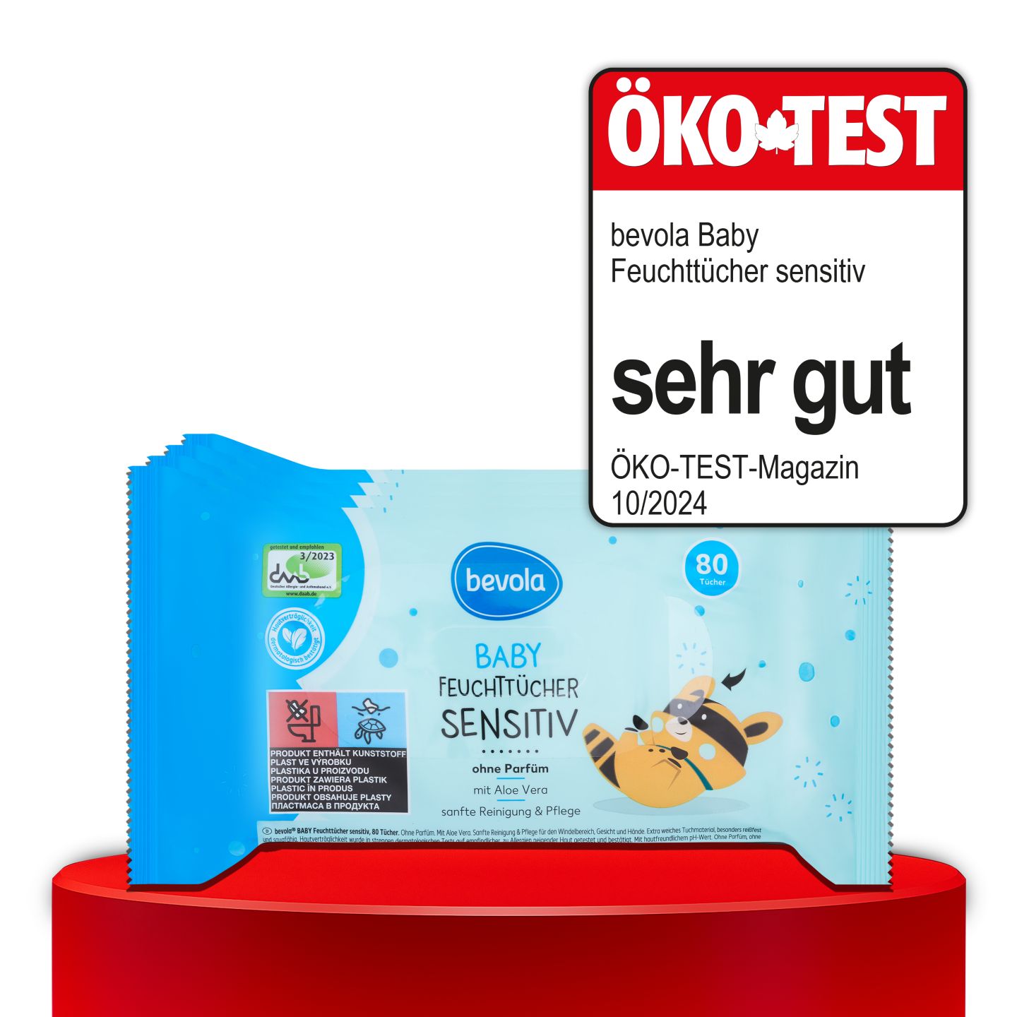 ÖKO-TEST, sehr gut, BEVOLA® BABY Feuchttücher Sensitiv, 4 x 80 St.