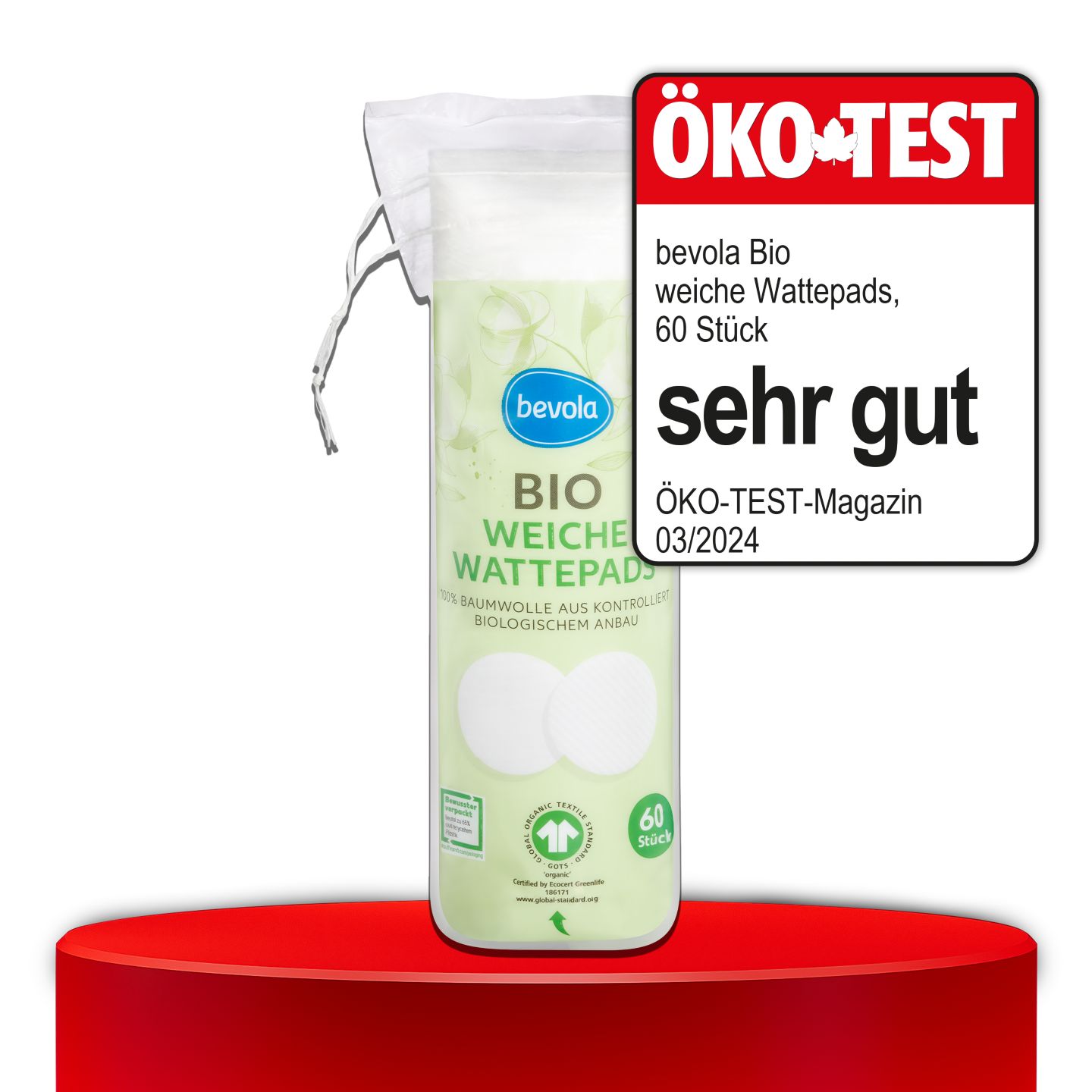 ÖKO-TEST, sehr gut, BEVOLA® Bio weiche Wattepads, 60 St.