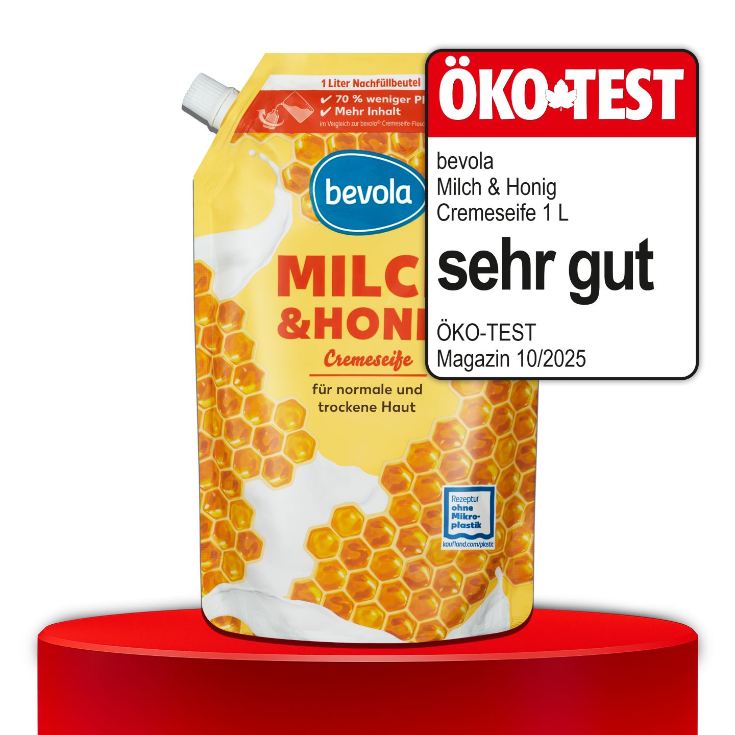 ÖKO-TEST, sehr gut, BEVOLA® Milch & Honig Cremeseife 1 l