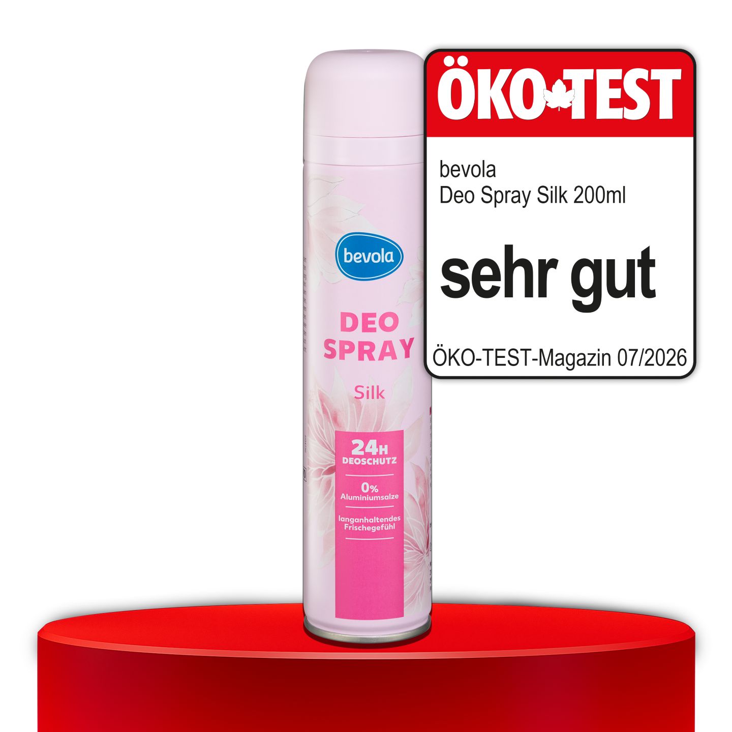 ÖKO-TEST, sehr gut, BEVOLA® Deo Spray Silk, 200 ml