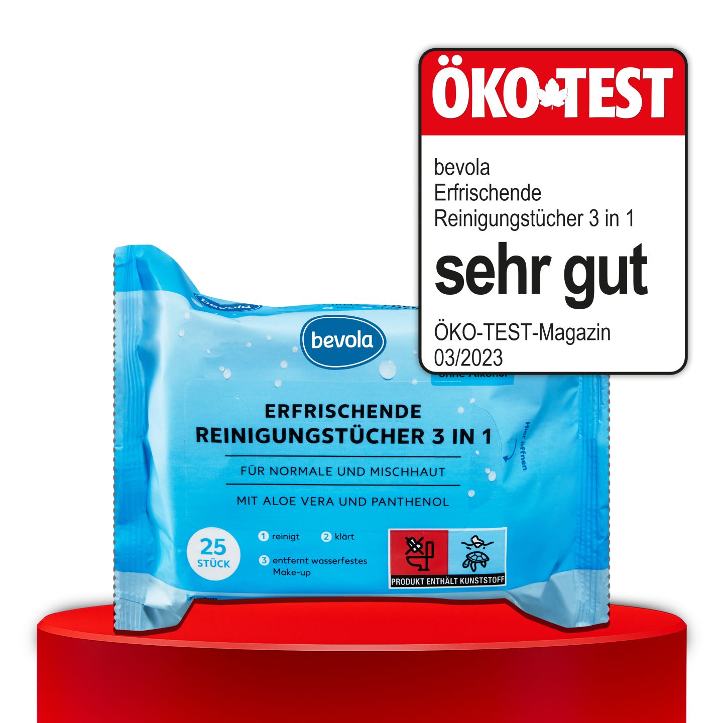 ÖKO-TEST, sehr gut, BEVOLA® Erfrischende Reinigungstücher 3 in 1, 25 St.