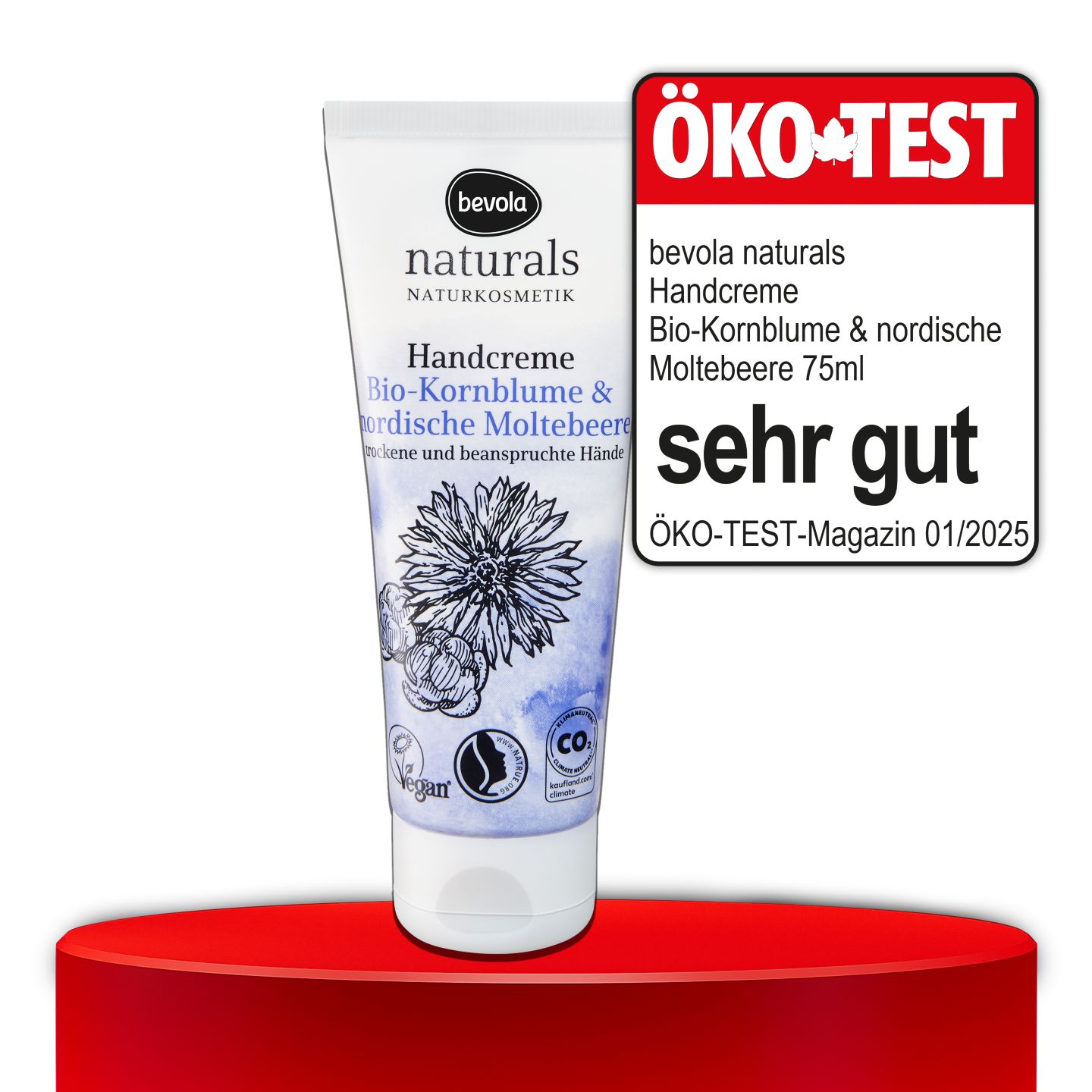 ÖKO-TEST, sehr gut, BEVOLA® NATURALS Handcreme Bio-Kornblume & nordische Moltebeere, 75 ml