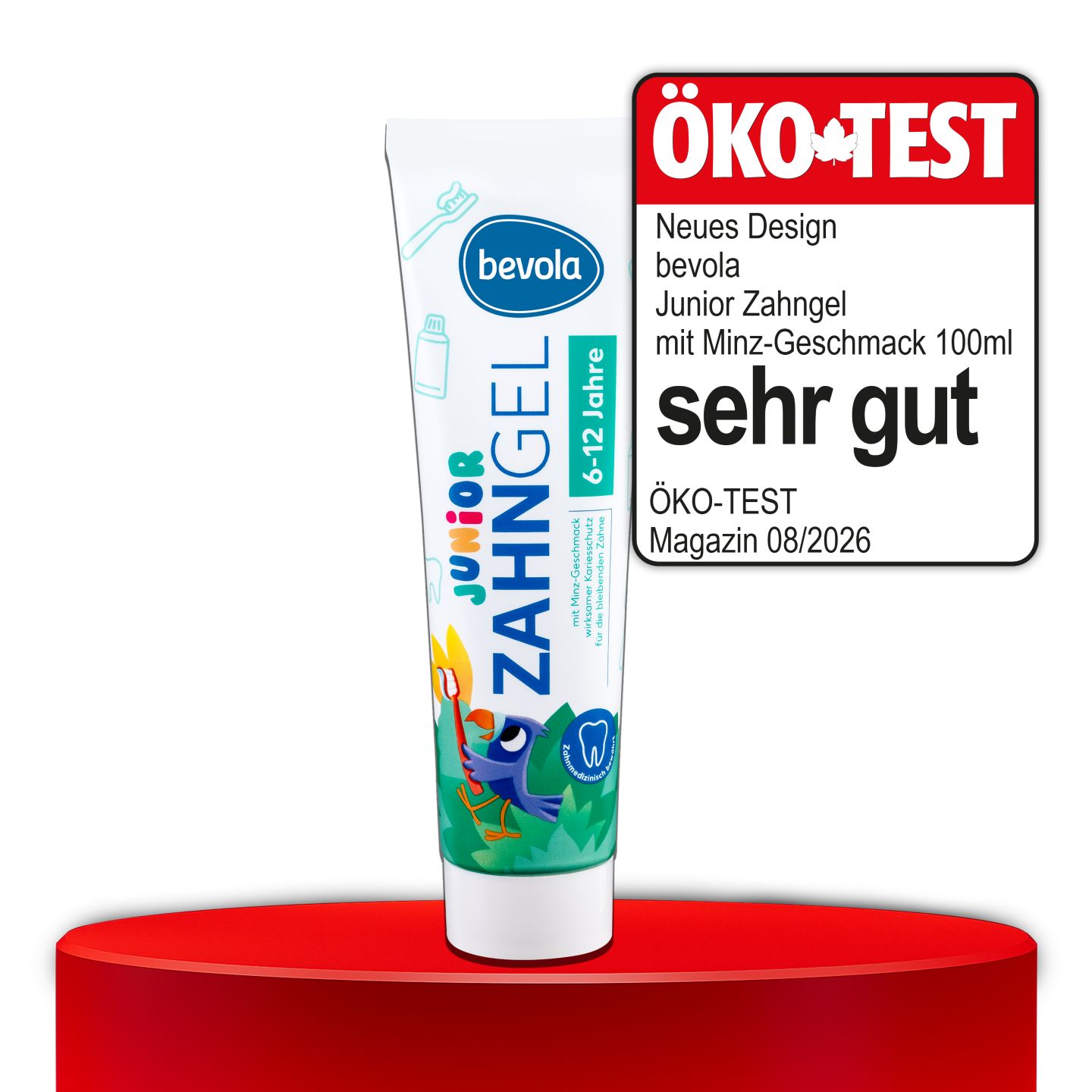 ÖKO-TEST, sehr gut, BEVOLA® JUNIOR Zahngel mit Minz-Geschmack, 100 ml