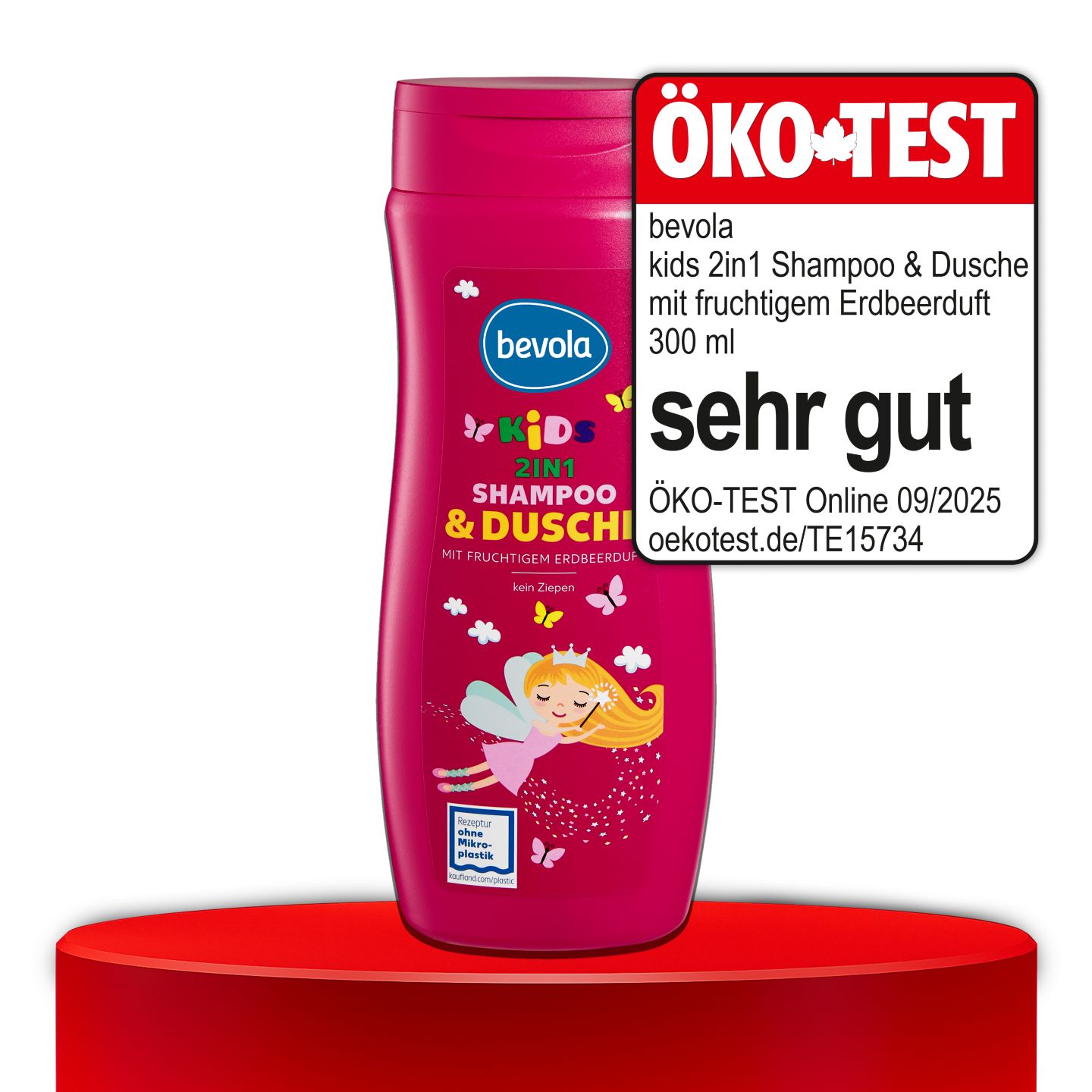 ÖKO-TEST, sehr gut, BEVOLA® KIDS 2 in 1 Shampoo & Dusche mit fruchtigem Erdbeerduft, 300 ml