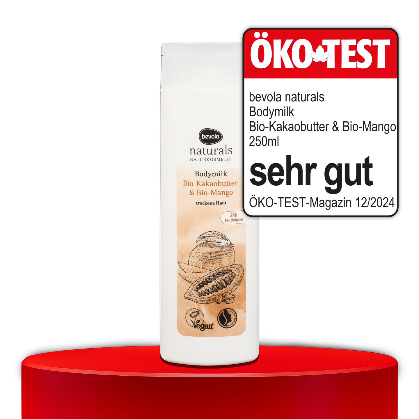 ÖKO-TEST, sehr gut, BEVOLA® NATURALS Bodymilk Bio-Kakaobutter & Bio-Mango, 250 ml