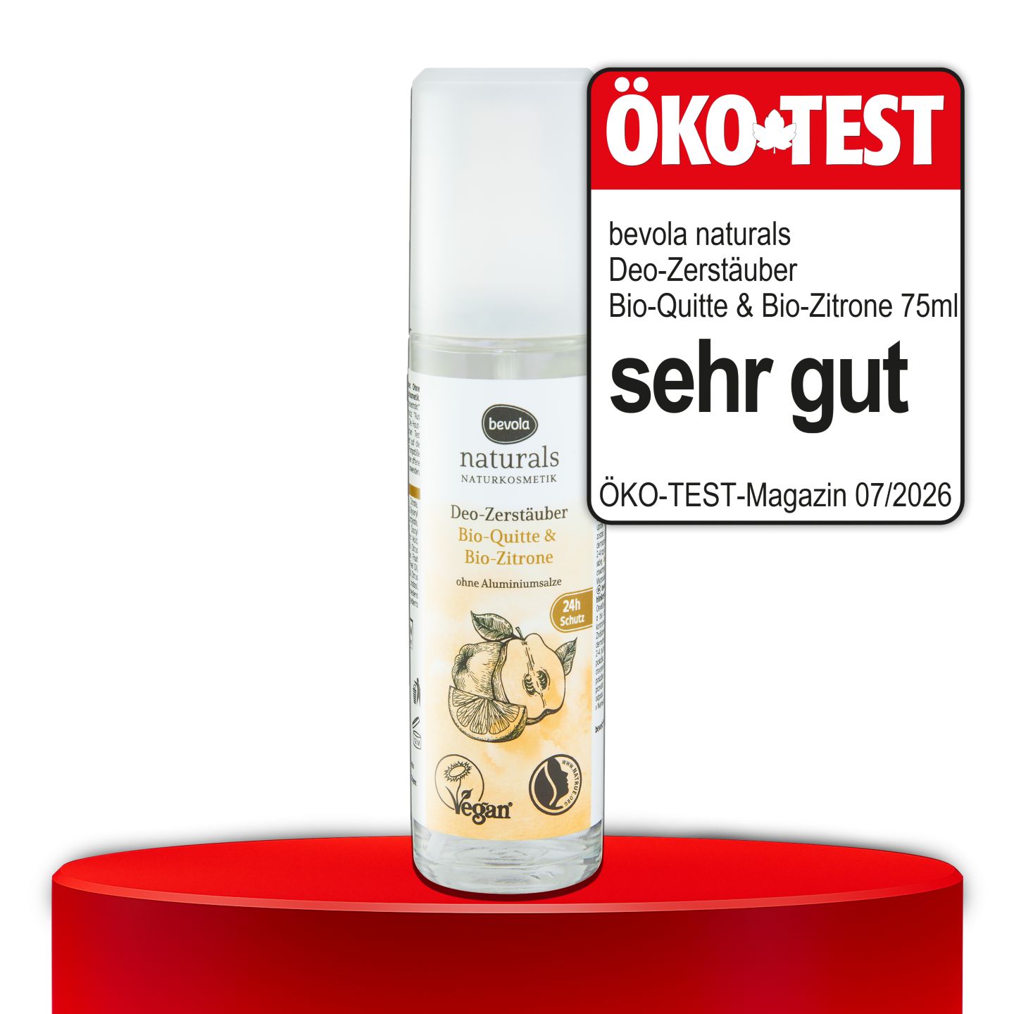ÖKO-TEST, sehr gut, BEVOLA® NATURALS Deo-Zerstäuber Bio-Quitte & Bio-Zitrone, 75 ml