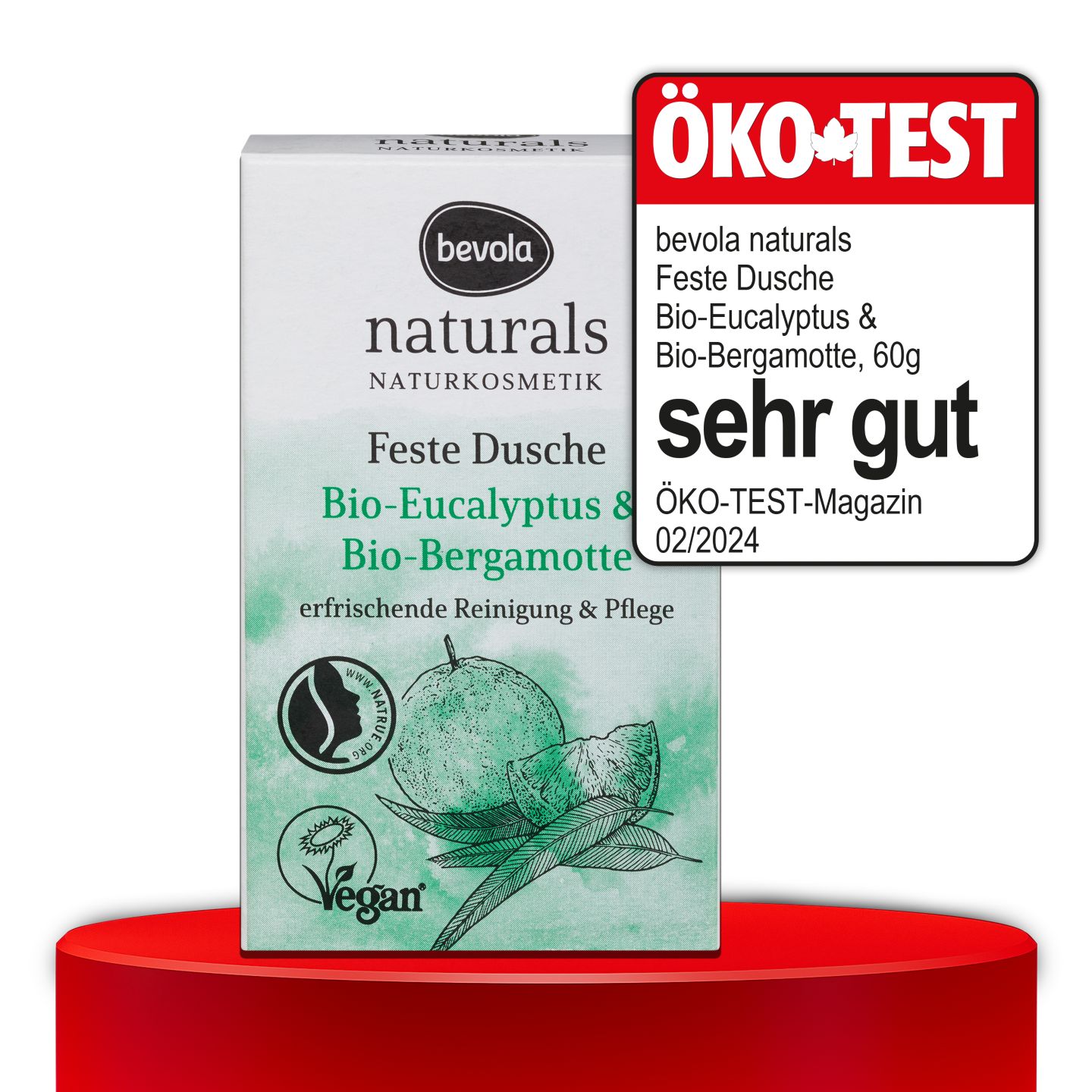 ÖKO-TEST, sehr gut, BEVOLA® NATURALS Feste Dusche Bio-Eucalyptus & Bio-Bergamotte, 60 g