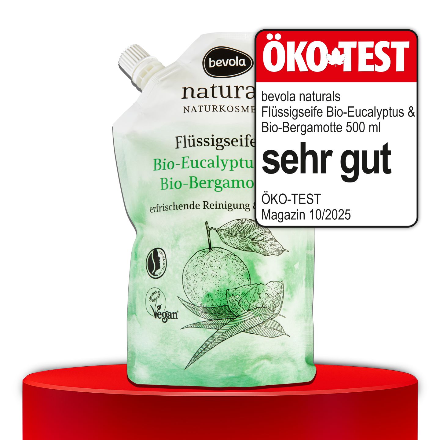 ÖKO-TEST, sehr gut, BEVOLA® NATURALS Flüssigseife Bio-Eucalyptus & Bio-Bergamotte 500 ml