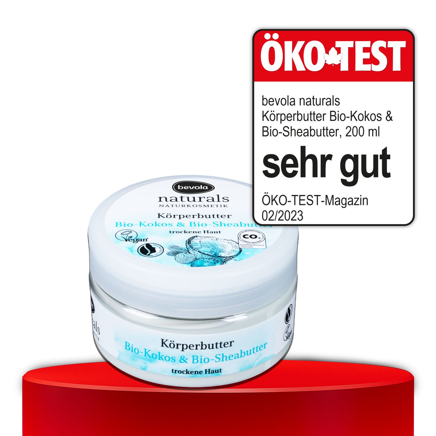 ÖKO-TEST, sehr gut, BEVOLA® NATURALS Körperbutter Bio-Kokos & Bio-Sheabutter, 200 ml
