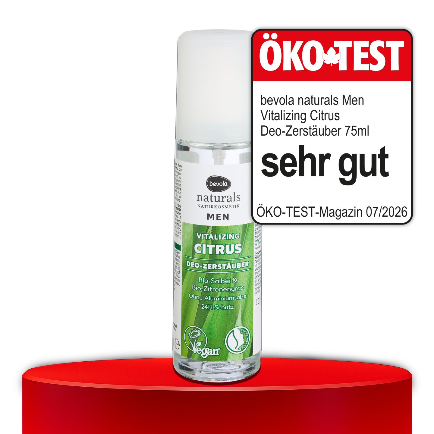 ÖKO-TEST, sehr gut, BEVOLA® NATURALS MEN Vitalizing Citrus Deo-Zerstäuber, 75 ml