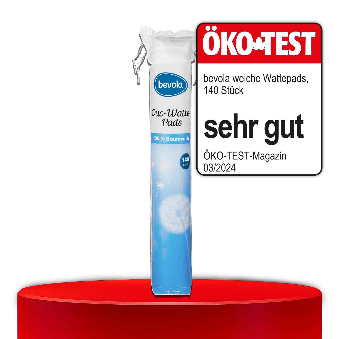 ÖKO-TEST, sehr gut, BEVOLA® Duo-Wattepads, 140 St.