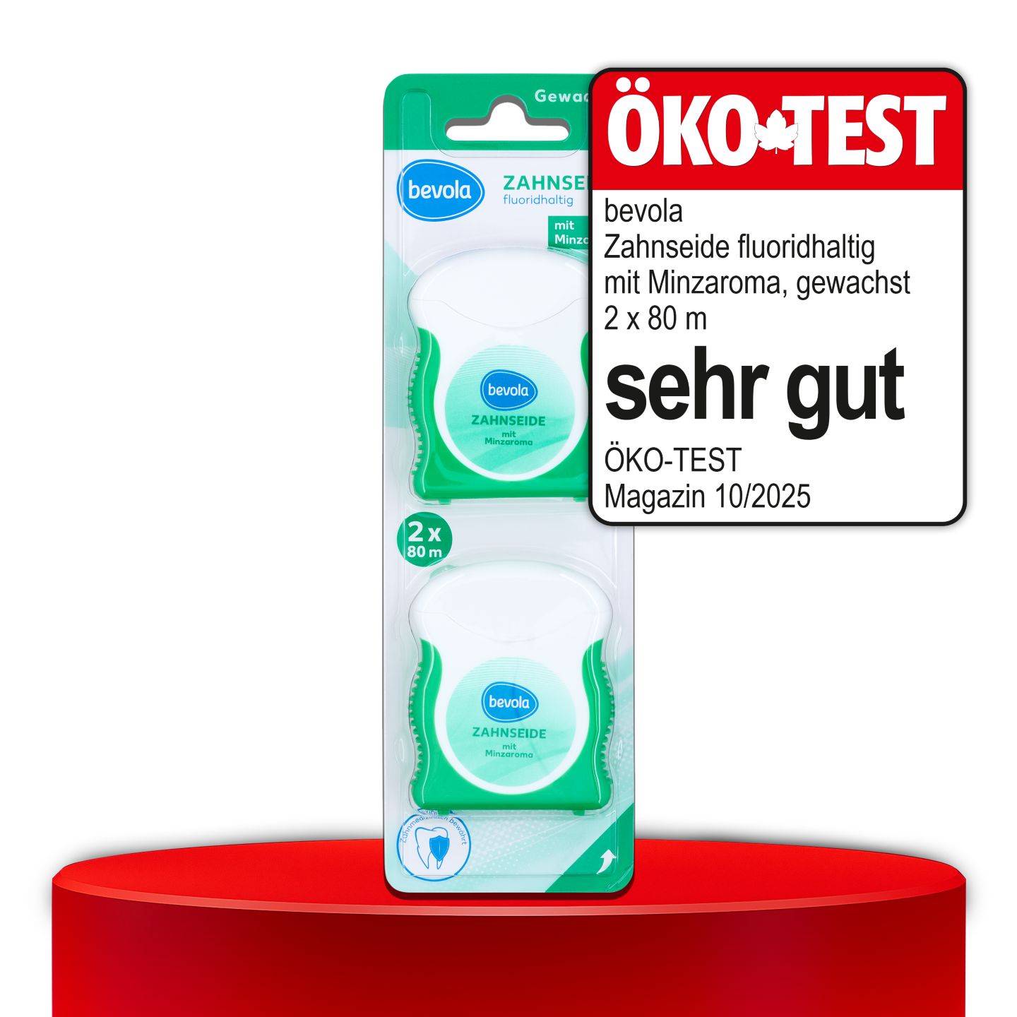ÖKO-TEST, sehr gut, BEVOLA® Zahnseide fluoridhaltig mit Minzaroma, gewachst, 2 x 80 m