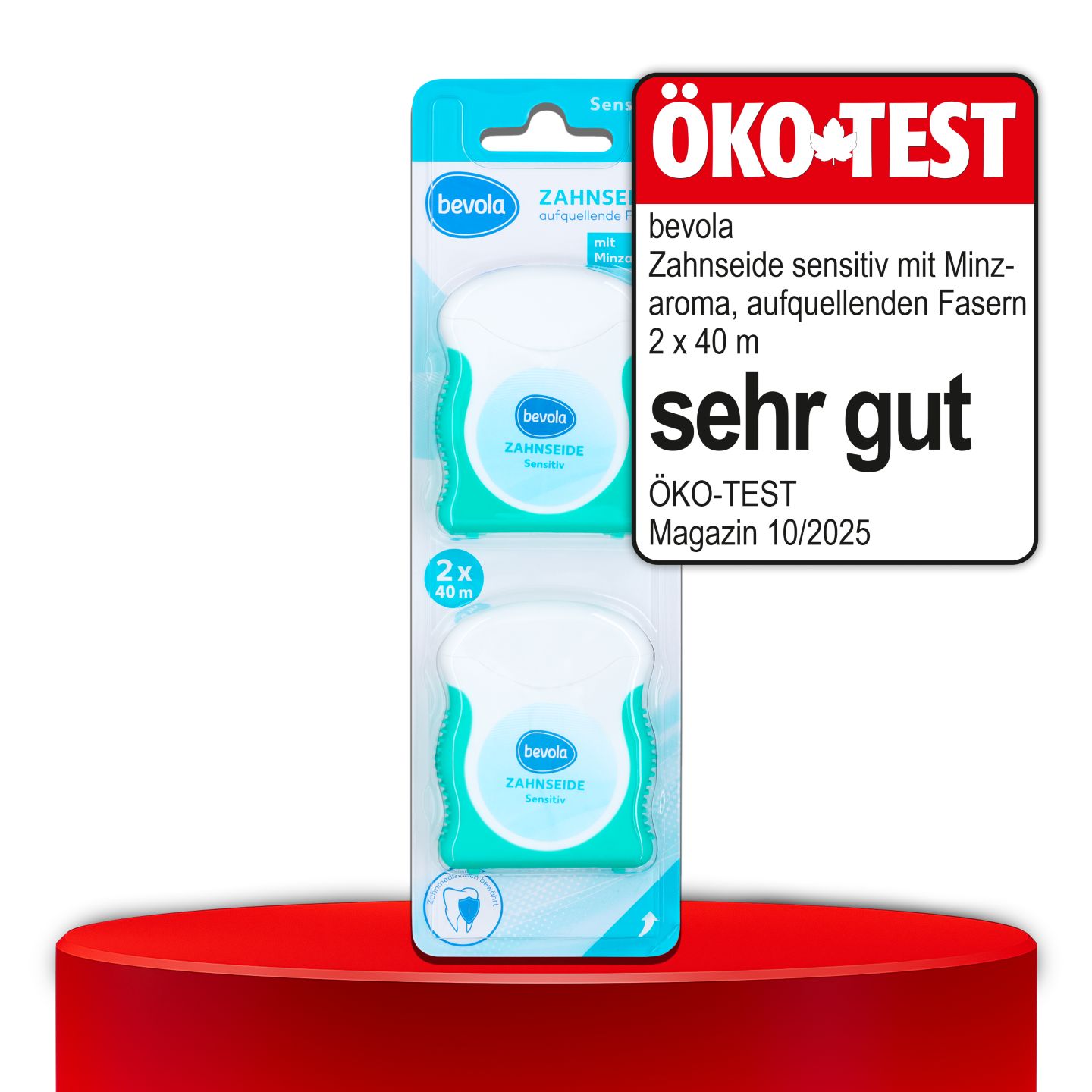 ÖKO-TEST, sehr gut, BEVOLA® Zahnseide sensitiv mit Minzaroma, aufquellende Fasern, 2 x 40 m